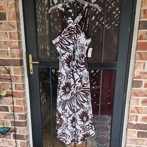 Brown and White Floral Midi Dress NWT